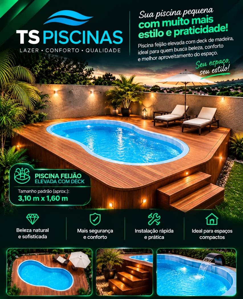 Arte explicativa da piscina feijão elevada com deck: imagem do modelo, benefícios, detalhes e medida aproximada. O bloco de contato foi removido e o WhatsApp fica na página.