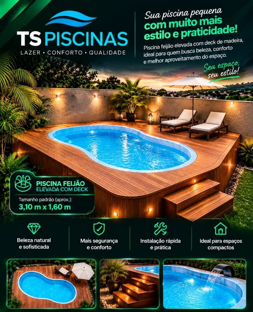Folder da TS Piscinas com a piscina feijão elevada e deck de madeira.