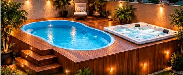 Imagem conceitual realista de piscina e jacuzzi integradas ao deck; não representa obra executada pela TS Piscinas